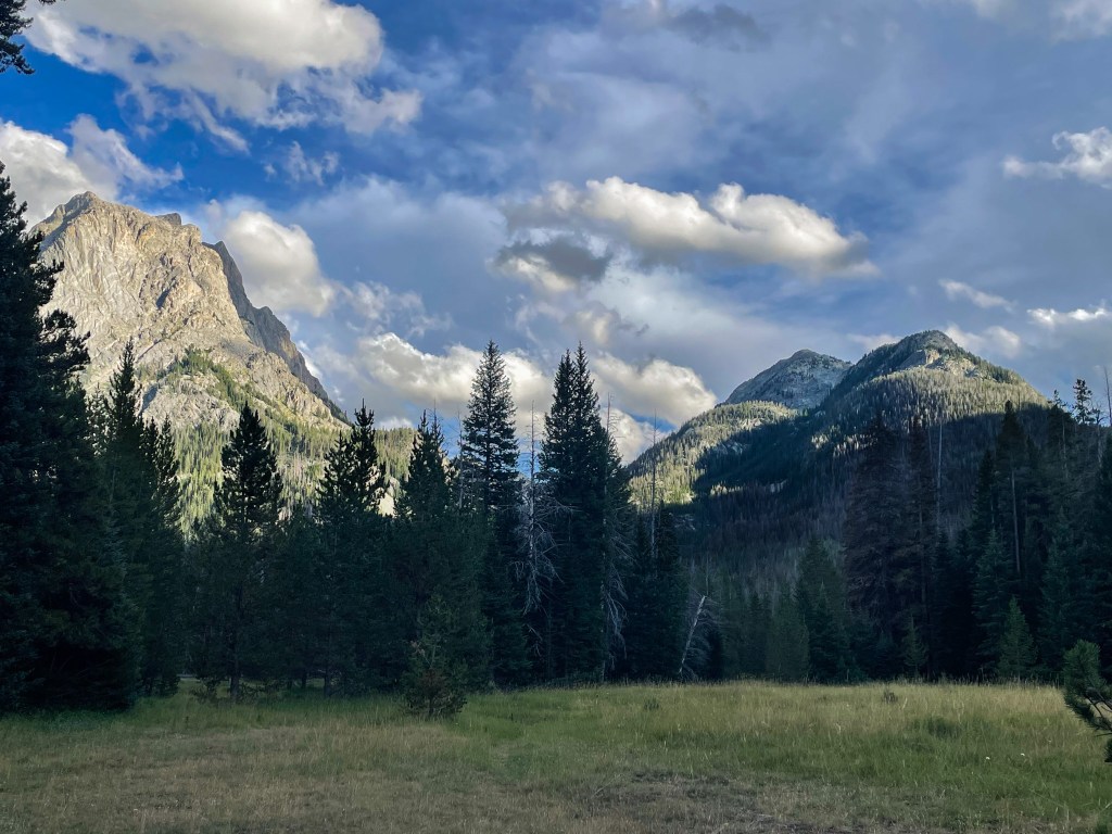 A scenic view of mountains surrounded by lush greenery and trees under a cloudy sky.